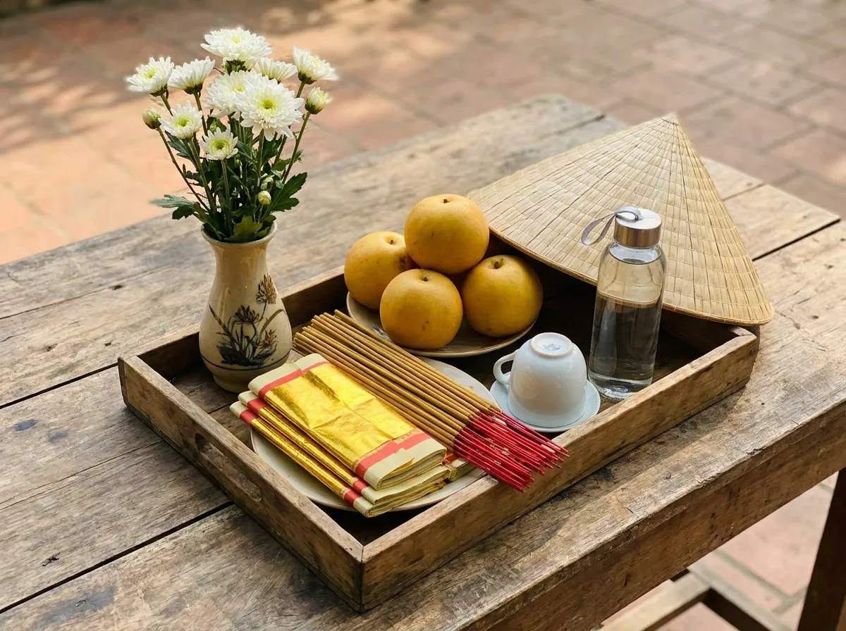 Mâm đồ lễ viếng mộ cô Sáu gồm hoa trắng, trái lê-ki-ma, nón lá và nhang