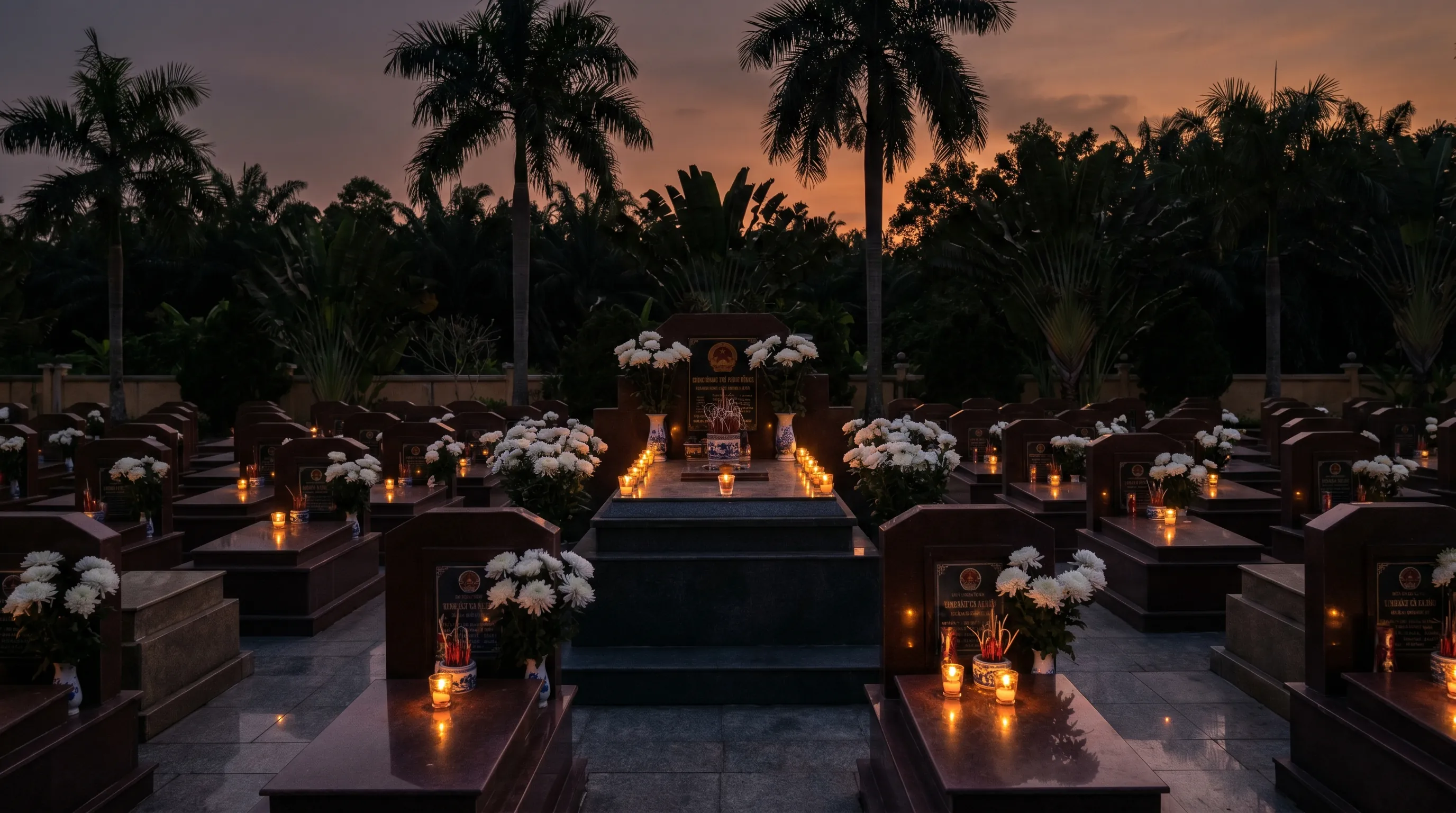 Hoa trắng và nến tưởng niệm tại Nghĩa trang Hàng Dương, nơi có mộ cô Sáu ở Côn Đảo