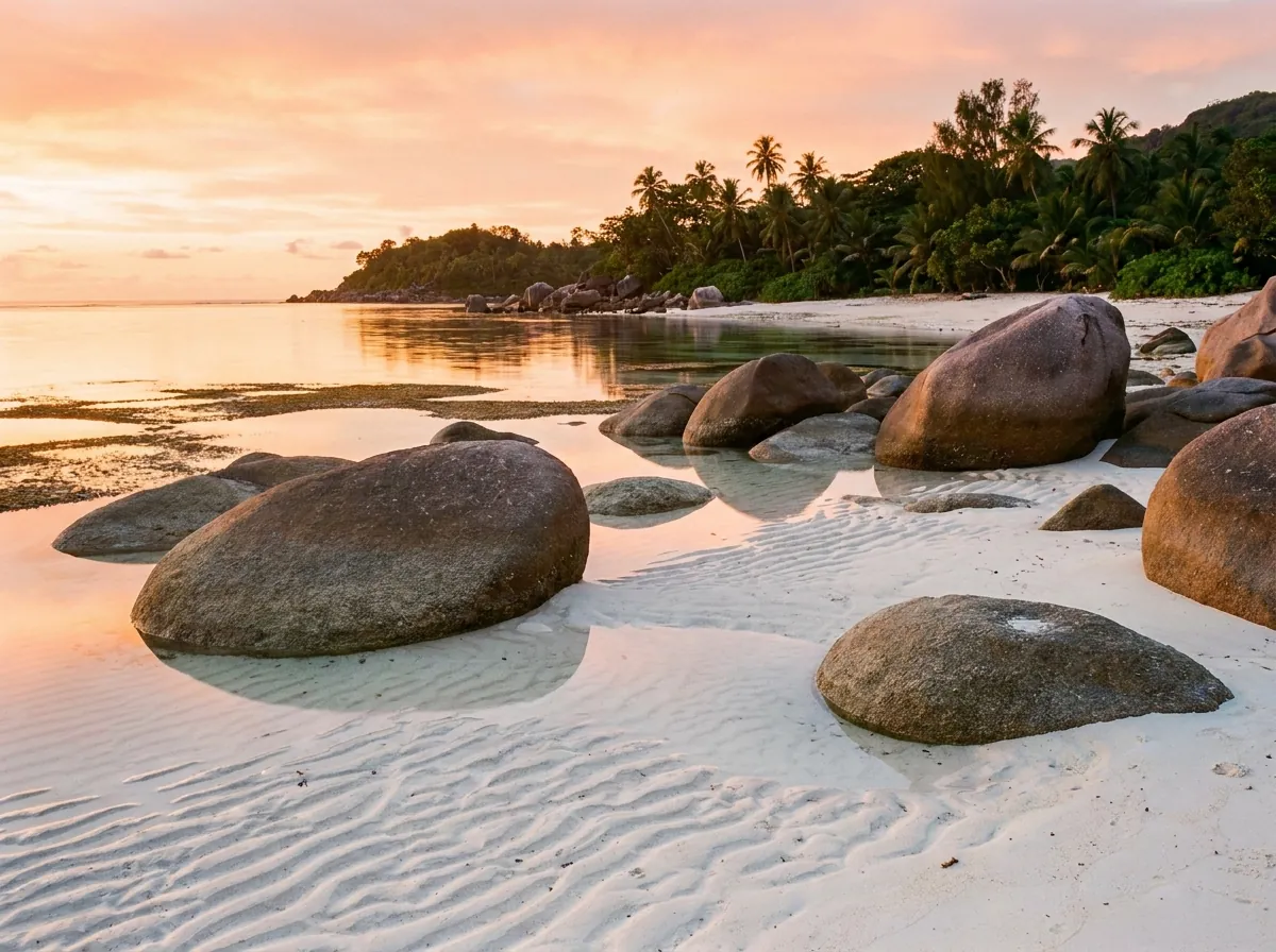 Bãi Nhát Côn Đảo lúc thuỷ triều rút, cát trắng xen đá cuội granite hiện rõ, thời điểm đẹp nhất để ghé bãi này