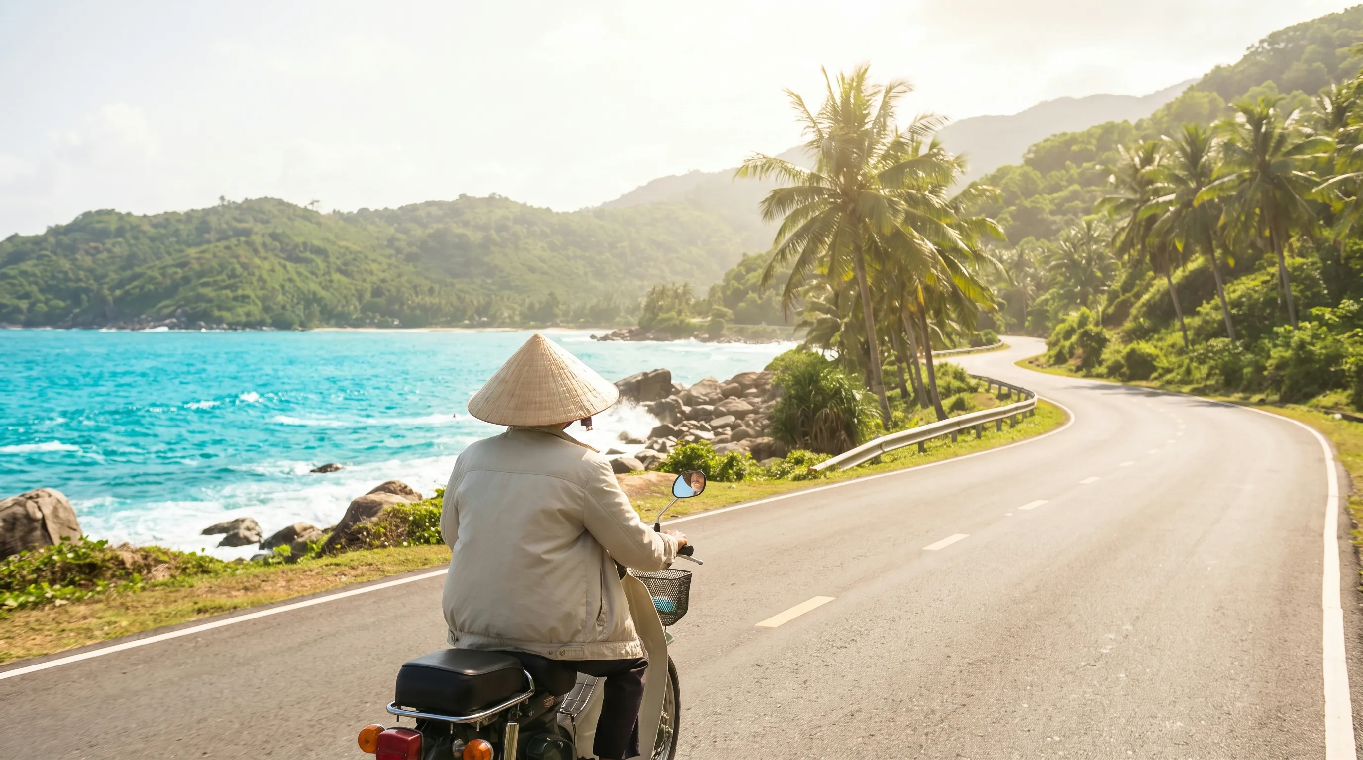 Xe máy chạy dọc cung đường ven biển Côn Đảo, phương tiện phổ biến nhất để đi lại trên đảo