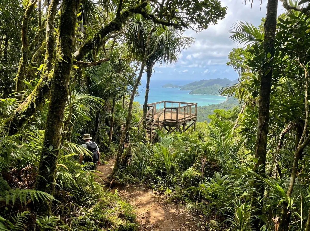 Cung đường trekking trong Vườn quốc gia Côn Đảo hướng lên Đỉnh Thánh Giá, nhìn xuống vịnh Côn Sơn